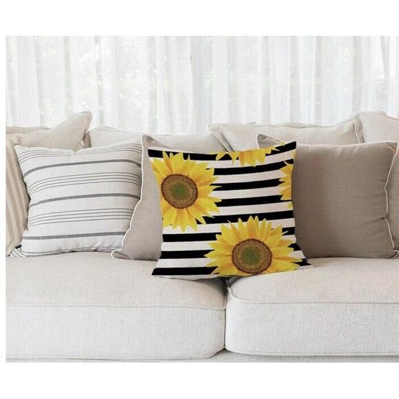 Black and White Striped Sunflower Creative Yellow Decorative Throw Pillow Cov... - Picture 2 of 5
